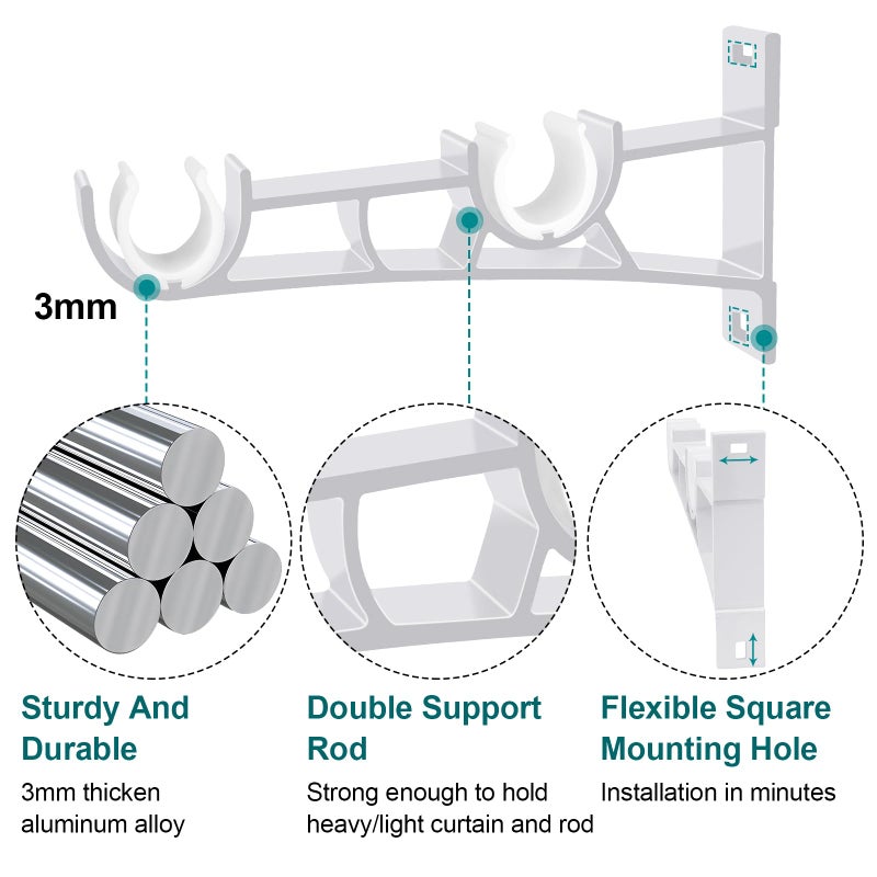 Gudui حاملات قضبان الستائر المزدوجة - 3 عبوات، حوامل قضبان ستائر ثقيلة، دعم لحامل قضبان بقطر 1 إنش، أبيض - Image 5